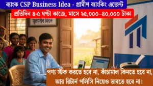 কজন CSP এজেন্ট ব্যাঙ্কের পরিষেবা দিচ্ছেন গ্রামের একটি দোকানে বসে”