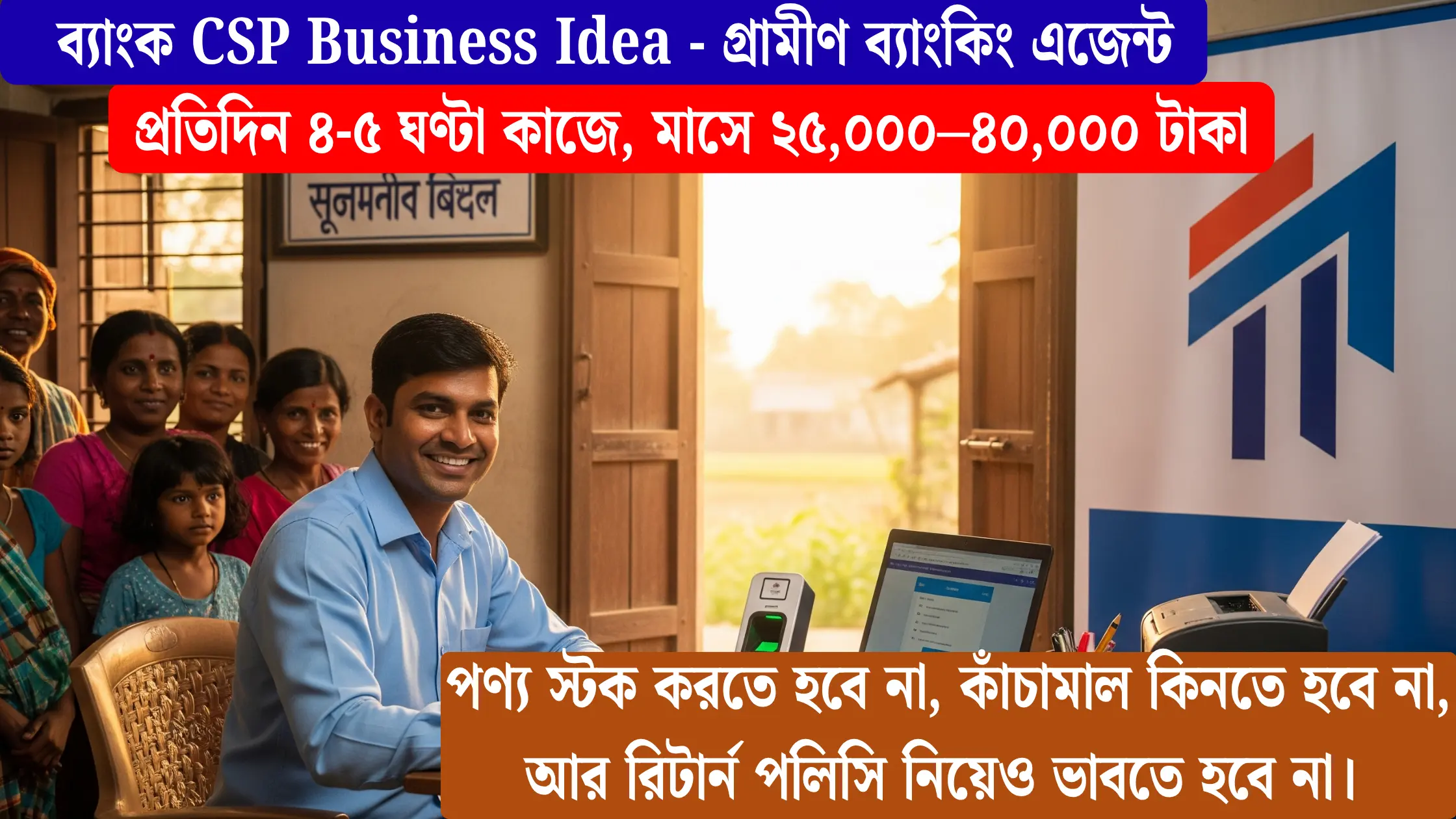 কজন CSP এজেন্ট ব্যাঙ্কের পরিষেবা দিচ্ছেন গ্রামের একটি দোকানে বসে”
